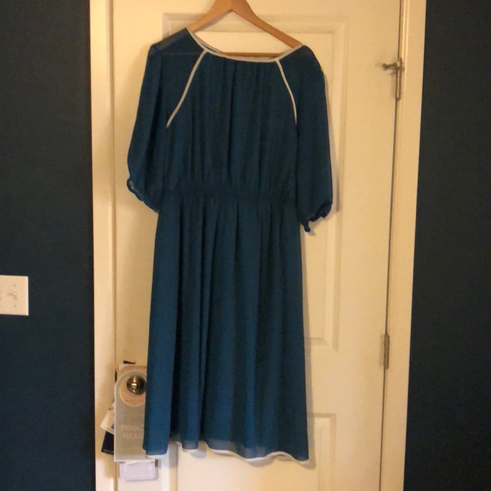 Asos Curve teal A-line dress with sheer sleeves